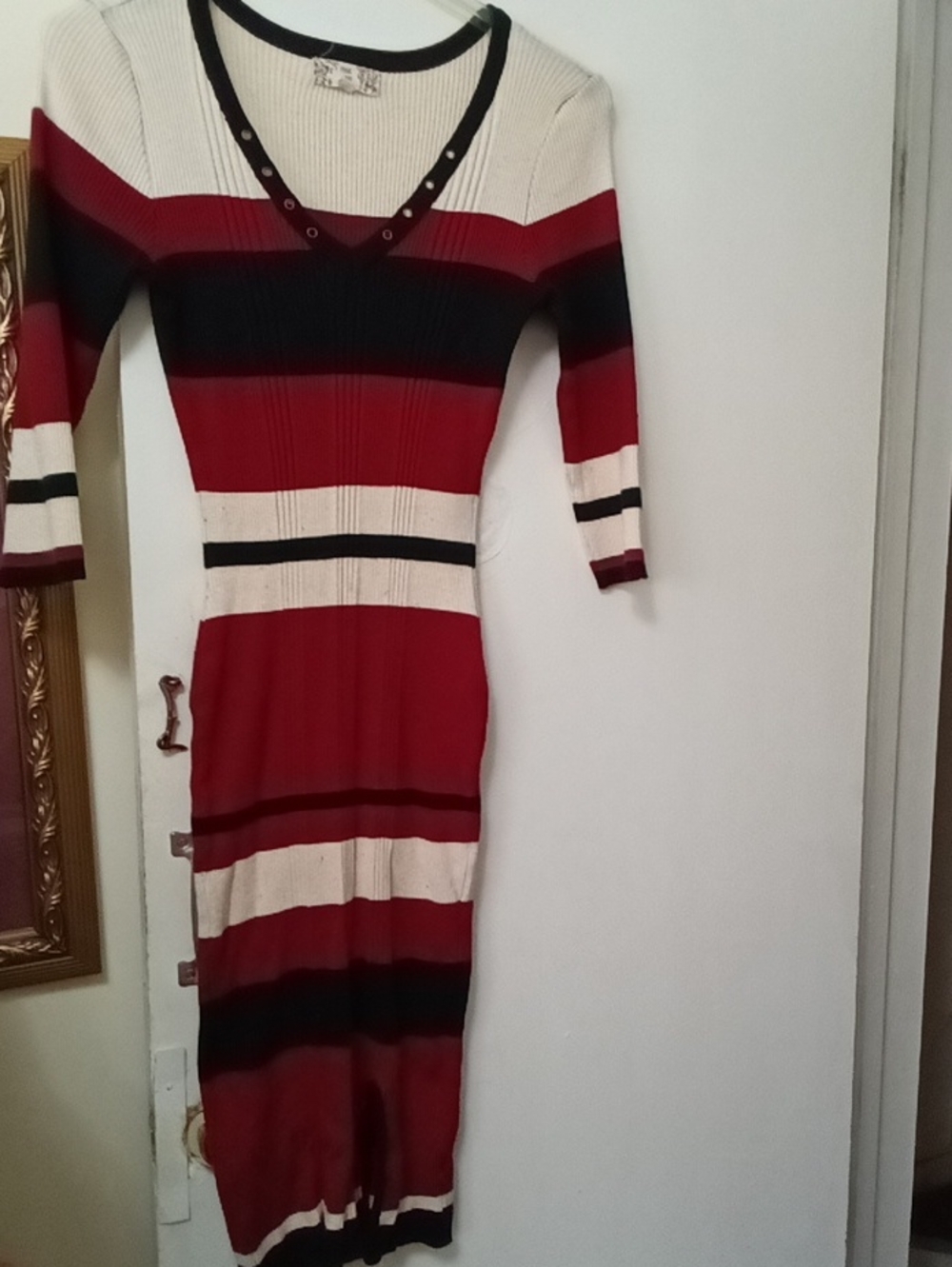 Women's PINK ROSE Striped Knit Midi Dress - Red, Black & Cream